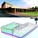 Obr. 4 – Projekt Zábavního centra v Godalmingu – architektonická vizualizace a model Tekla BIMsight [zdroj Pozzoni Architects]