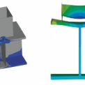 Obr. 9 – Srovnání deformace pásnice a rozvoje plastických napětí nevyztuženého (a)+(b) a vyztuženého (c)+(d) HEA profilu při zatížení silou 508 kN v diagonále (zvětšené měřítko deformací – 20×).