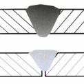 Obr. 10 – Svarový spoj bez vad (nahoře); neprovařený kořen (dole; vada č. 4021); životnost svařované konstrukce snížena o 94 %