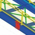 Dvojnosníkový svařovaný mostní trám o šířce 3,2 m a rozpětí 34,1 m je ztužen trubkami do tvaru x. Detail montážních spojů (3D model Tekla Structures).