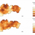 Obr. 5 – Mapa korózneho úbytku zinku interpolovaná na základe údajov znečistenia ovzdušia a klimatologických údajov od SHMÚ – trojročný priemer rokov a) 2004–2006 a b) 2012–2014 na základe rovnice (4)