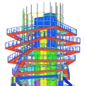Obr. 3b – Pohled na vnější komunikační lávky (foto, 3D model Tekla Structures)