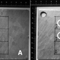 Obrázek 1 – Mechanické poškození povlaku žárového zinku s postupným zvyšováním nárazové síly – A: výchozí stav; B: vzorek s vytvořenými vadami (označeno).