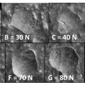 Obrázek 2 – Mechanické poškození povlaku žárového zinku s postupným zvyšováním nárazové síly: A = 20 N až H = 90 N (krok 10 N), zvětšení 20x.