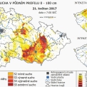 Obr. 3 – Aktuální stav odchylky zásoby vody v půdě od dlouhodobého normálu 1961 – 2010 v neděli 21. 5. 2017. (www.intersucho.cz)