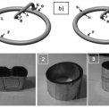 Obr. 4 – Oblast měření tloušťky Zn povlaku: a) magnetická metoda, b) mikroskopická metoda, c) vzorky vybrané k metalografické zkoušce: 1 – tyč kroužku, 2 – kroužek, 3 – svar