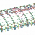 Obr. 2 – Schéma nosné konstrukce – 3D model Tekla Structures, pohled na vestavek a zvýšenou část střechy