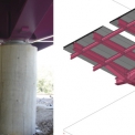 Obr. 3 – Spoločná nosná konštrukcia mosta pre obidva diaľničné pásy a jeho výstižnejší výpočtový model