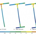 Obr. 7 – Numerické modely pro zesílení T‑profilu třídy 4 – normálové napětí v MPa v okamžik kolapsu prutu