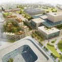 Letecký pohled do útrob administrativního centra a jádra nové městské čtvrti – vizualizace