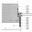 Obr. 10 – Dodatečná tepelná izolace stávající budovy – detail napojení na okenní rám: 1 – vnitřní omítka 2 – folie - vzduchotěsné napojení okna 3 – napojení omítky s průřezem 4 – stávající okenní konstrukce 5 – nosné zdivo