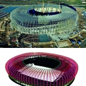 Obr. 1 – Model a realita – snímek stadionu PGE Aréna z průběhu montáže v roce 2010 a model Tekla Structures